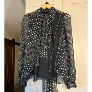 Sacai Luck black heart print voile poly front, black cotton cashmere back, sz 10